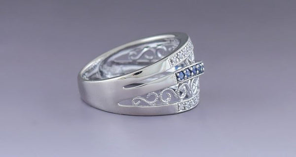 Beautiful 14k White Gold Filigree Sapphire & Diamond Ring