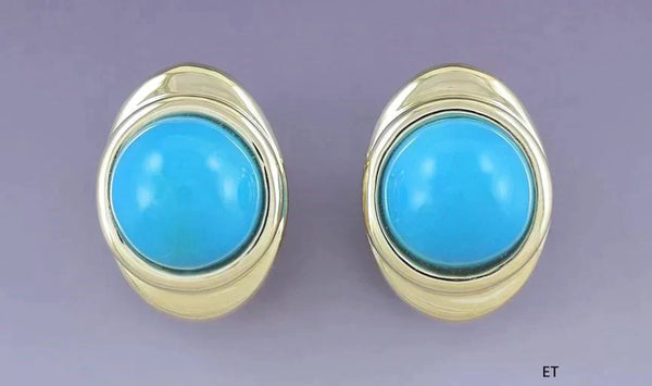 Stunning Pair 18k Gold & Turquoise Dome Clipback Earrings