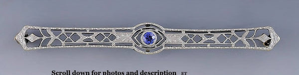 Art Deco Filigree 14k Platinum Top Sapphire Bar Pin Brooch