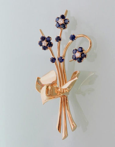Fabulous Vintage 14k Yellow Gold Diamond and Sapphire Floral Pin