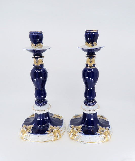 Gorgeous Pair late 1800s Meissen Cobalt Blue Gilt Tall Candlesticks