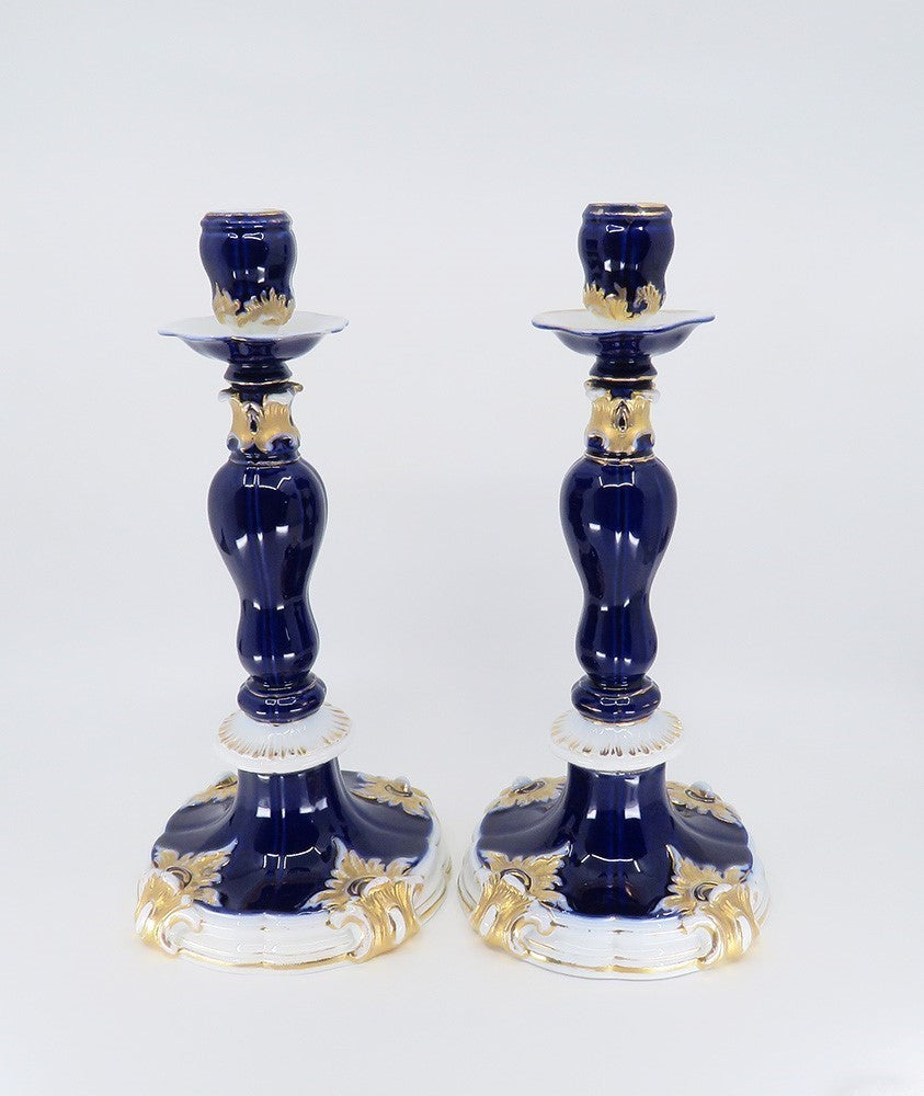 Gorgeous Pair late 1800s Meissen Cobalt Blue Gilt Tall Candlesticks