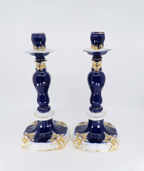 Gorgeous Pair late 1800s Meissen Cobalt Blue Gilt Tall Candlesticks