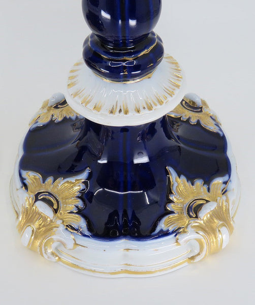 Gorgeous Pair late 1800s Meissen Cobalt Blue Gilt Tall Candlesticks
