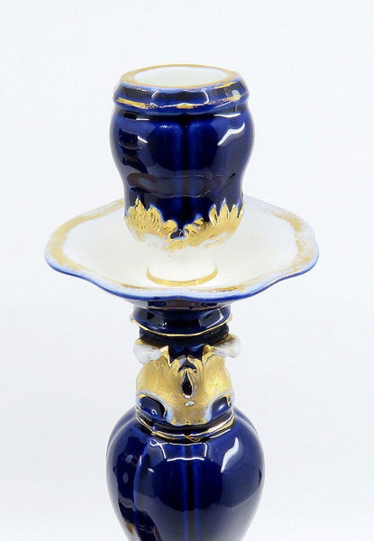 Gorgeous Pair late 1800s Meissen Cobalt Blue Gilt Tall Candlesticks