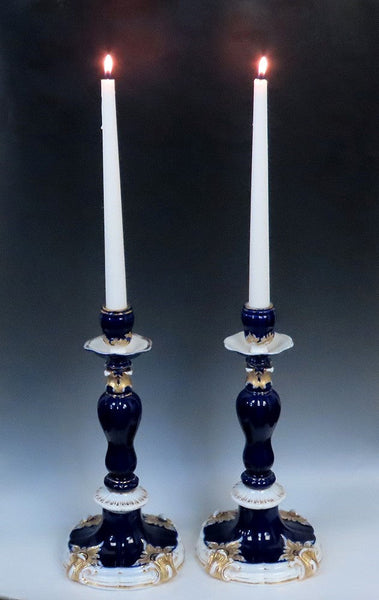 Gorgeous Pair late 1800s Meissen Cobalt Blue Gilt Tall Candlesticks