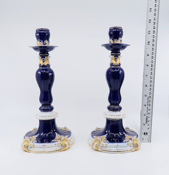 Gorgeous Pair late 1800s Meissen Cobalt Blue Gilt Tall Candlesticks