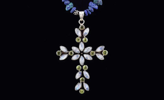 Amazing Necklace of Sterling Silver Cross w/ Peridot Moonstone Lapis Lazuli