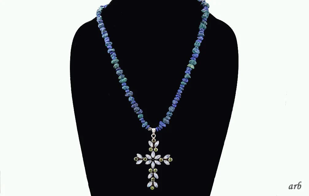 Amazing Necklace of Sterling Silver Cross w/ Peridot Moonstone Lapis Lazuli