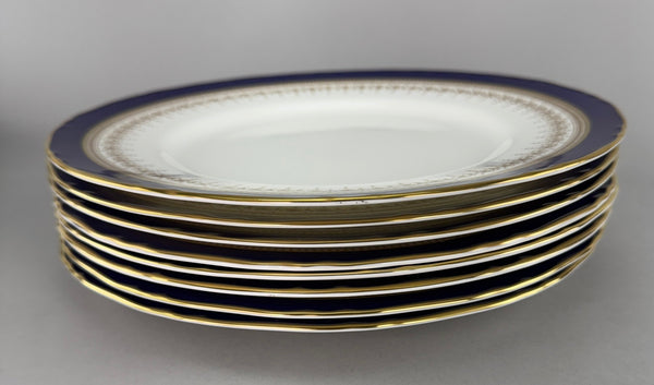 Superb Set 8 Royal Worcester Regency Cobalt Blue Gilt 10.75" Dinner Plates