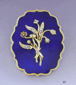 Gorgeous Victorian 14k Gold Cobalt Guilloche Enamel Pearl Locket Pin / Brooch