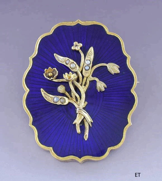 Gorgeous Victorian 14k Gold Cobalt Guilloche Enamel Pearl Locket Pin / Brooch