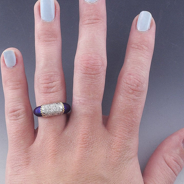 Beautiful 18K Gold Diamond & Blue Enamel Ring