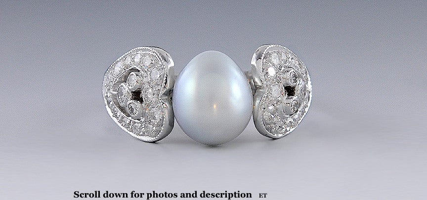 Stunning 14K White Gold Baroque Pearl & Diamond Ring Size 6