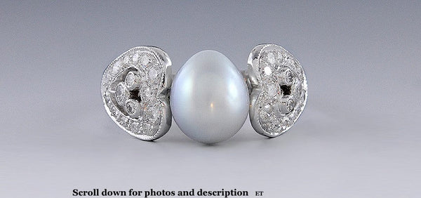 Stunning 14K White Gold Baroque Pearl & Diamond Ring Size 6