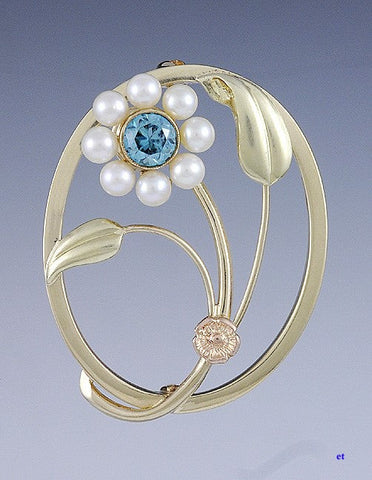 Retro 14k Two-Tone Gold Pearl Blue Zircon Floral Pin Brooch