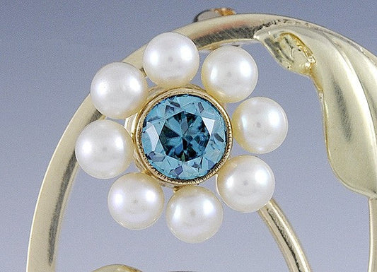 Retro 14k Two-Tone Gold Pearl Blue Zircon Floral Pin Brooch