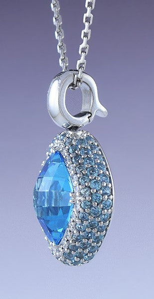 Gorgeous 18K White Gold Blue Topaz & Diamond Pendant