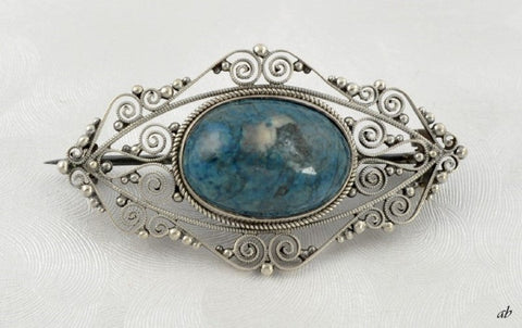 Antique 800 Purity Silver Italian Filigree Blue Stone Brooch Pin