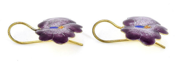 VTG Shashi 24k Vermeil Sterling Silver Purple Cloisonné Enamel Flower Earrings