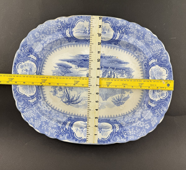 Huge c1840 English Staffordshire Peruvian Hunters Blue White Large Platter