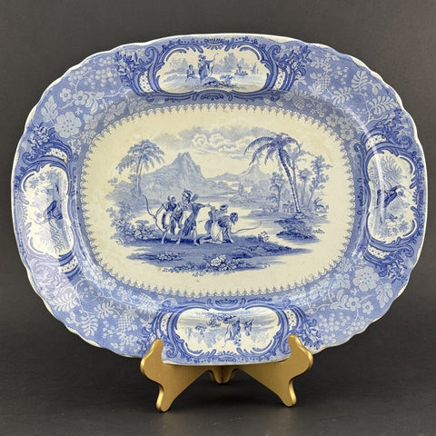 Huge c1840 English Staffordshire Peruvian Hunters Blue White Large Platter