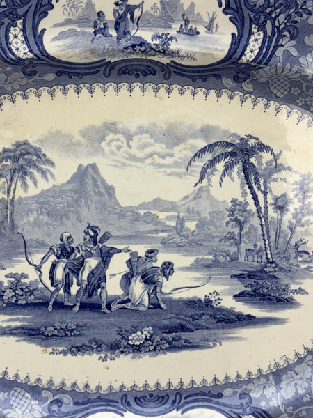Huge c1840 English Staffordshire Peruvian Hunters Blue White Large Platter