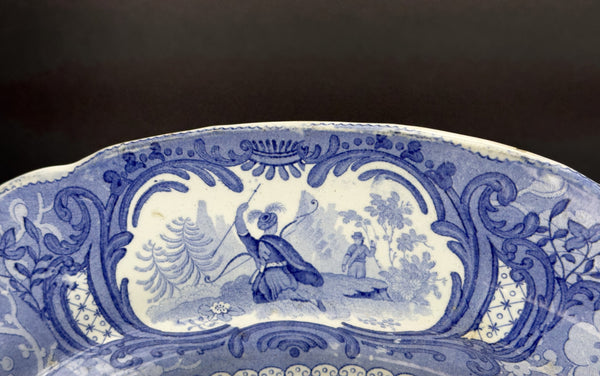 Huge c1840 English Staffordshire Peruvian Hunters Blue White Large Platter