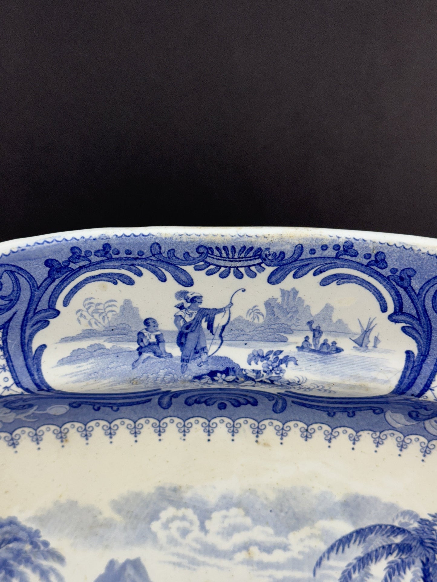 Huge c1840 English Staffordshire Peruvian Hunters Blue White Large Platter