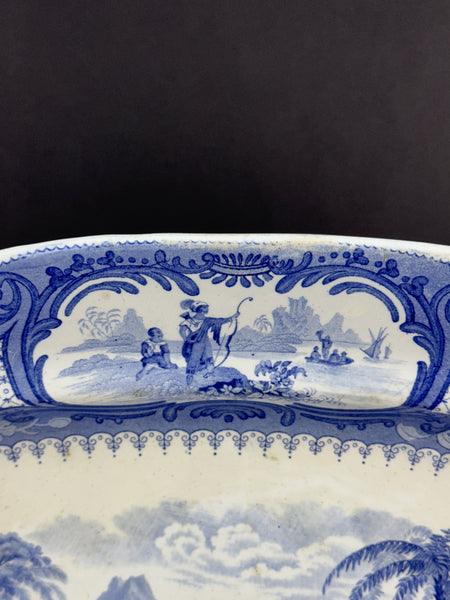 Huge c1840 English Staffordshire Peruvian Hunters Blue White Large Platter