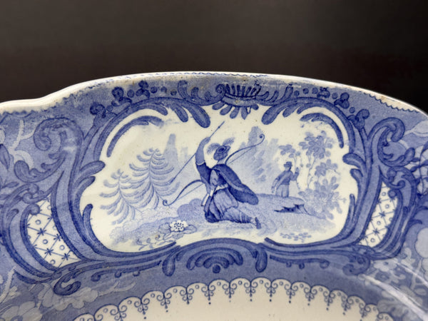 Huge c1840 English Staffordshire Peruvian Hunters Blue White Large Platter