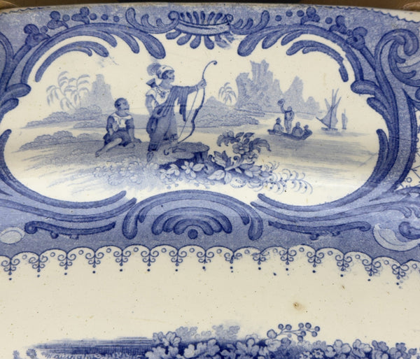Huge c1840 English Staffordshire Peruvian Hunters Blue White Large Platter