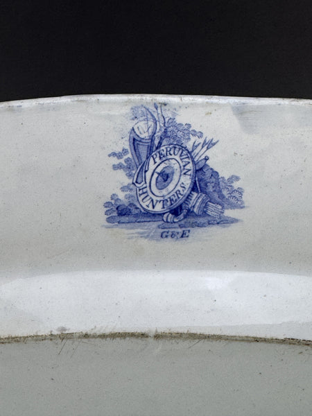 Huge c1840 English Staffordshire Peruvian Hunters Blue White Large Platter