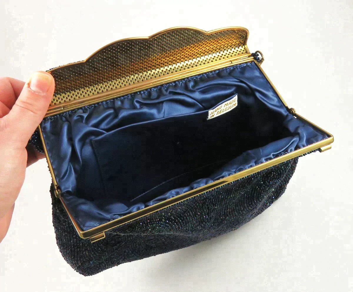 Antique/Vintage c1955 Needlepoint Galaxy Sparkling Bead Clamp Purse Handbag