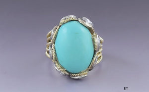 Stunning 14k Yellow Gold Turquoise Cabochon & Diamond Ring