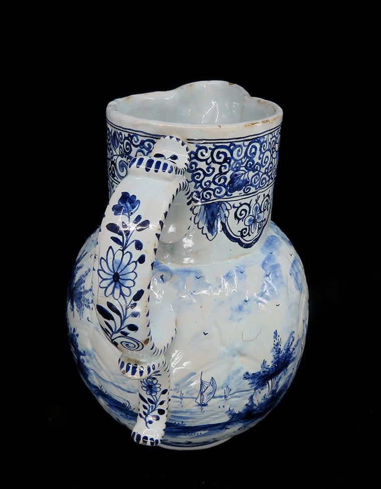 Fine Old 1700s Delft Faience Blue White Scenic Mask Jug Pitcher