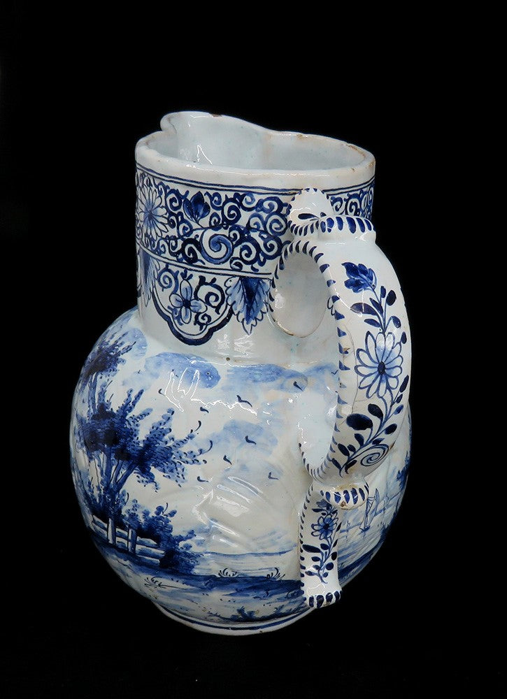 Fine Old 1700s Delft Faience Blue White Scenic Mask Jug Pitcher
