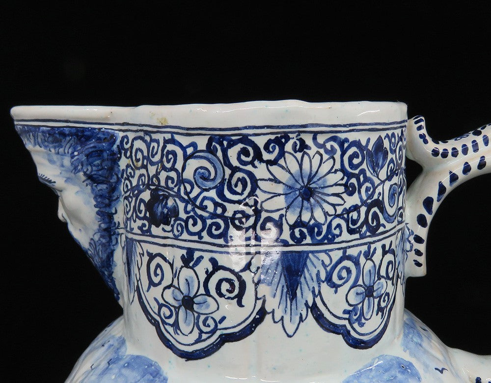 Fine Old 1700s Delft Faience Blue White Scenic Mask Jug Pitcher