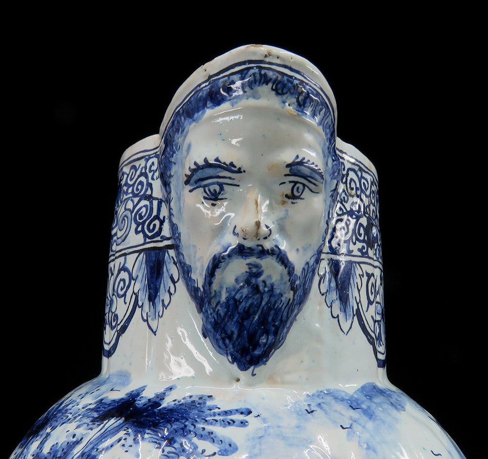 Fine Old 1700s Delft Faience Blue White Scenic Mask Jug Pitcher
