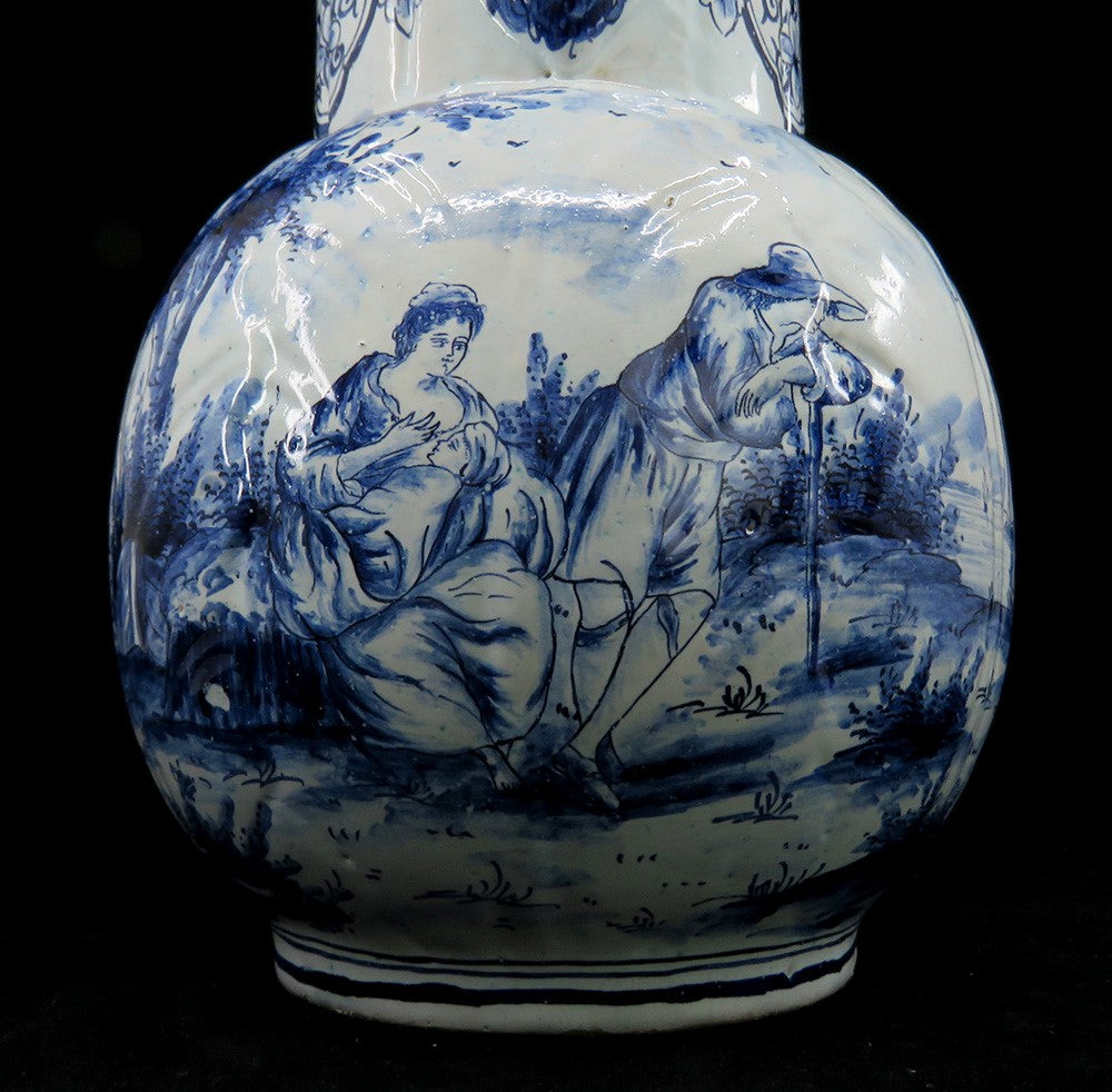 Fine Old 1700s Delft Faience Blue White Scenic Mask Jug Pitcher