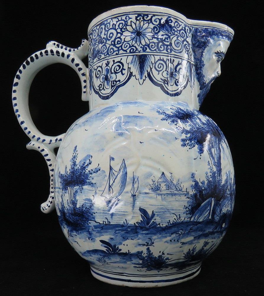 Fine Old 1700s Delft Faience Blue White Scenic Mask Jug Pitcher