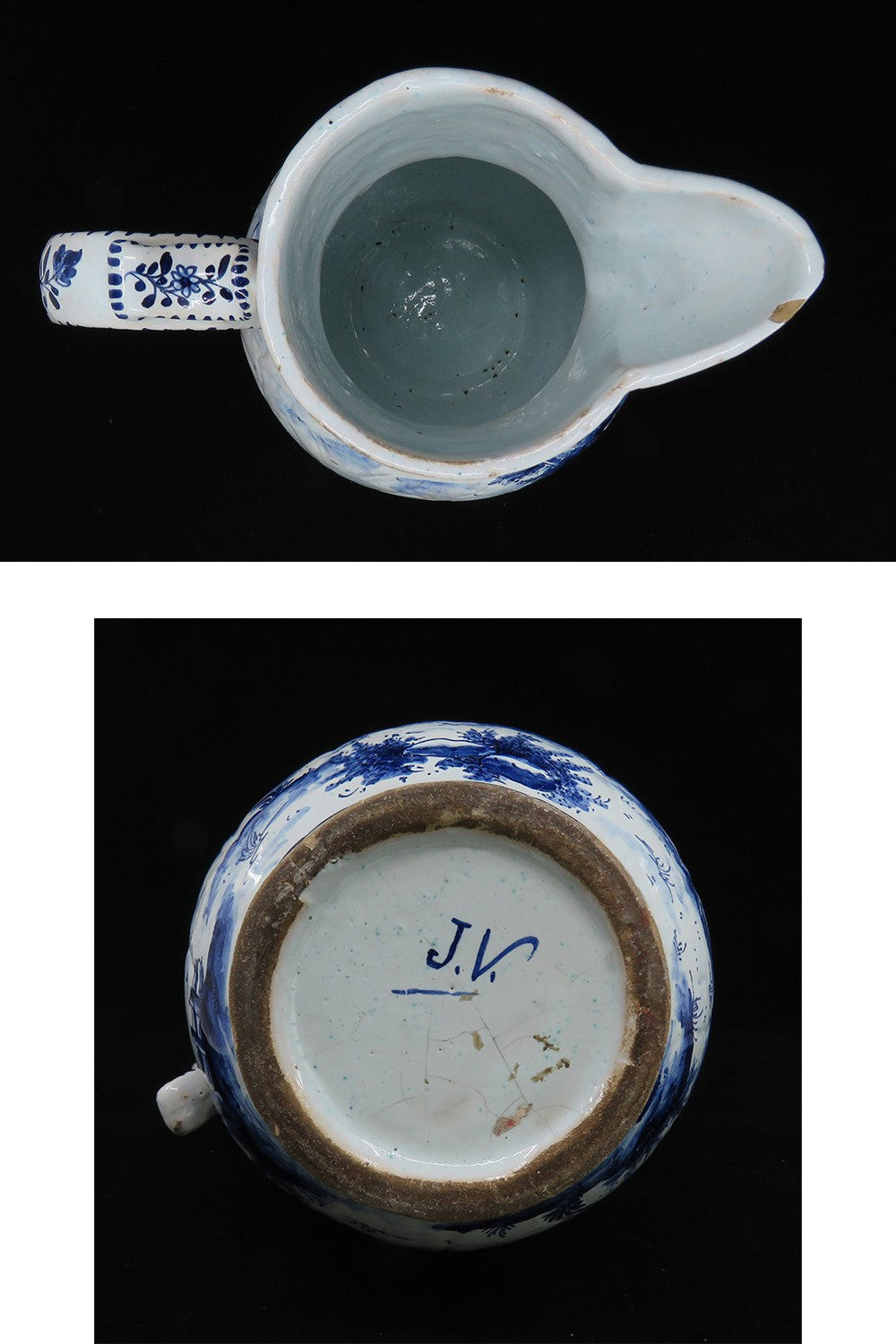 Fine Old 1700s Delft Faience Blue White Scenic Mask Jug Pitcher
