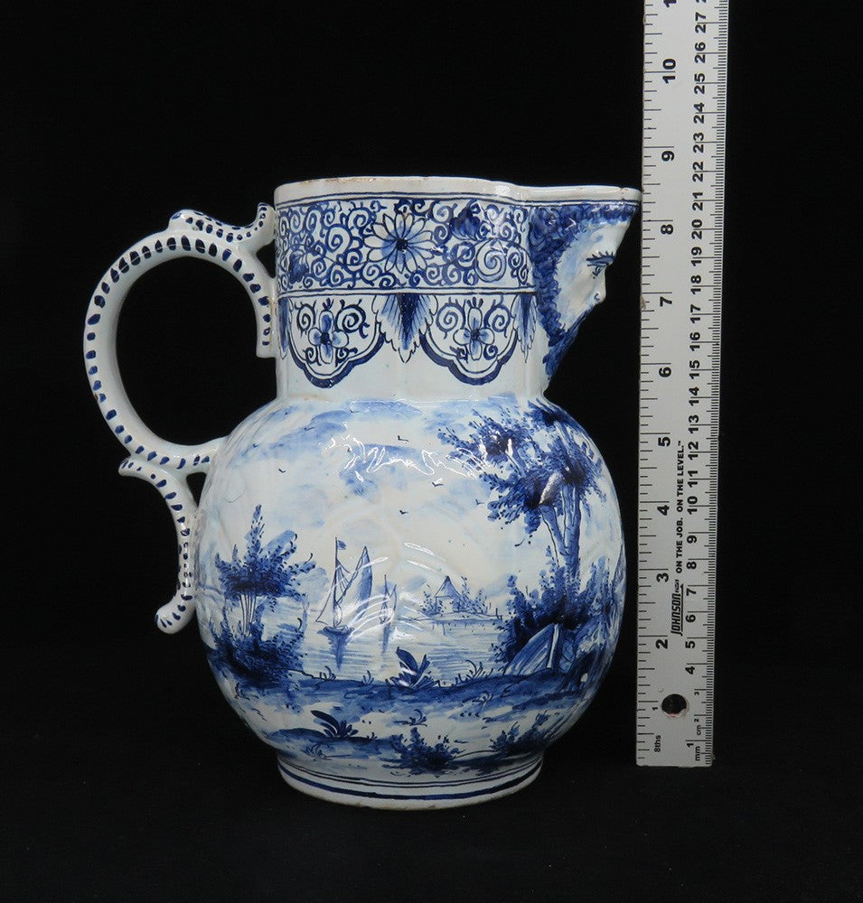 Fine Old 1700s Delft Faience Blue White Scenic Mask Jug Pitcher