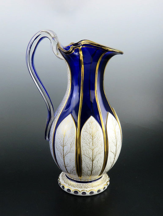 Antique Bohemian Cased Glass Gilded White on Cobalt Blue Pitcher Ewer