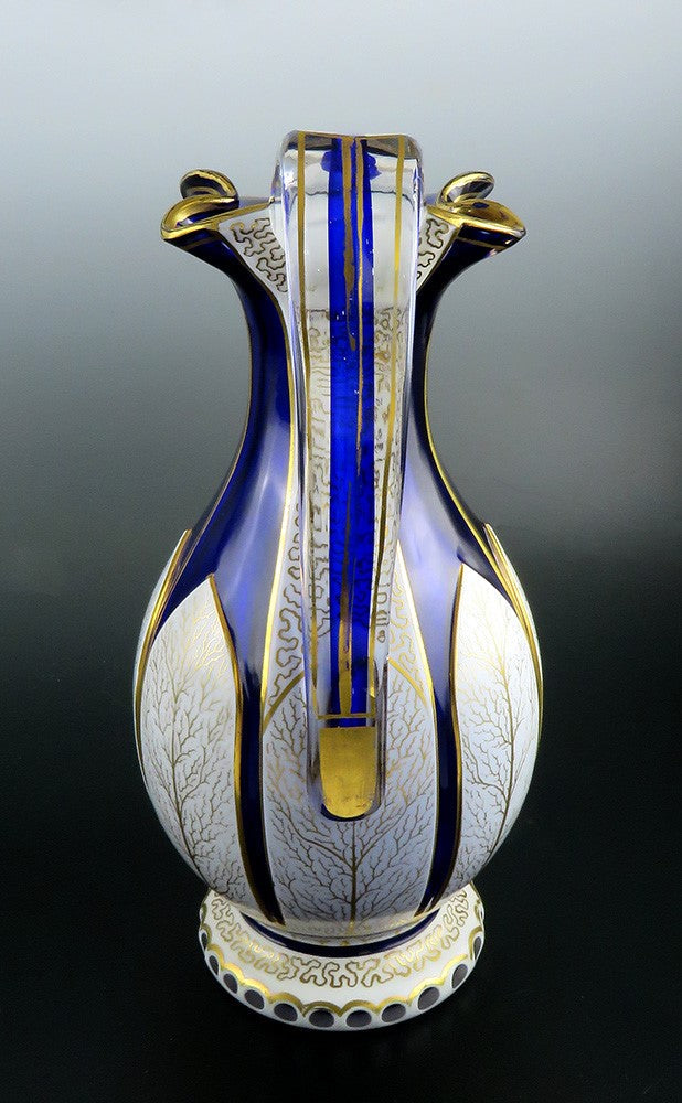 Antique Bohemian Cased Glass Gilded White on Cobalt Blue Pitcher Ewer