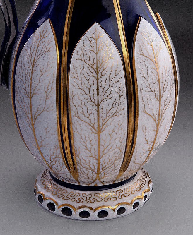 Antique Bohemian Cased Glass Gilded White on Cobalt Blue Pitcher Ewer