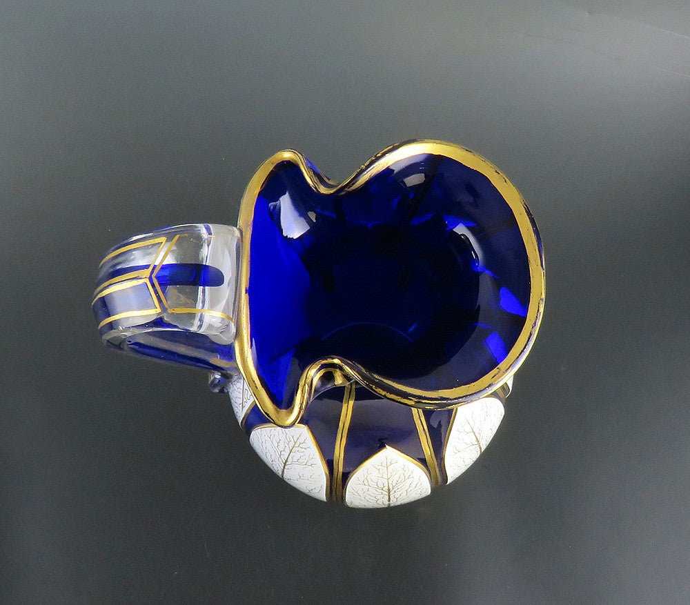 Antique Bohemian Cased Glass Gilded White on Cobalt Blue Pitcher Ewer