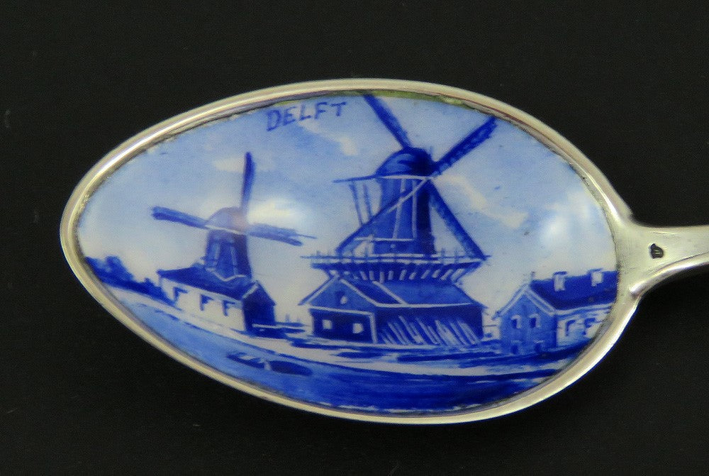 German Silver Blue Enamel Delft Dutch Windmill Novelty Souvenir Spoon