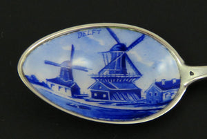 German Silver Blue Enamel Delft Dutch Windmill Novelty Souvenir Spoon