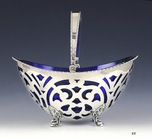 Antique c1900 American Sterling Silver Cobalt Glass Liner Pierced Basket